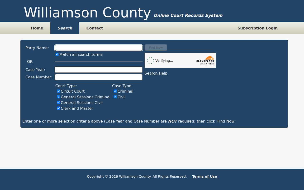 Williamson County criminal court case search fields