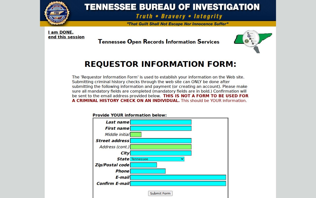 Williamson County criminal record TN-FlexCheck requestor fields