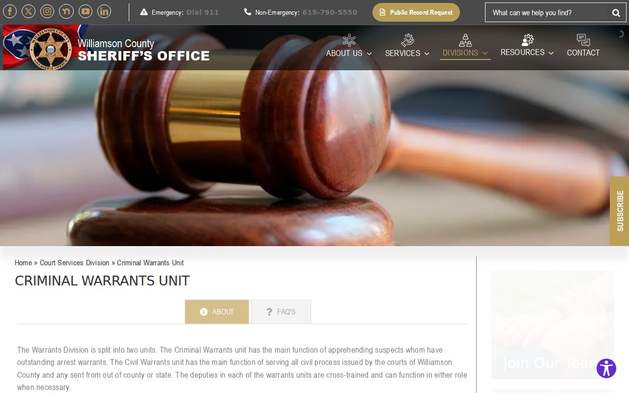Williamson County criminal warrant records unit contacts
