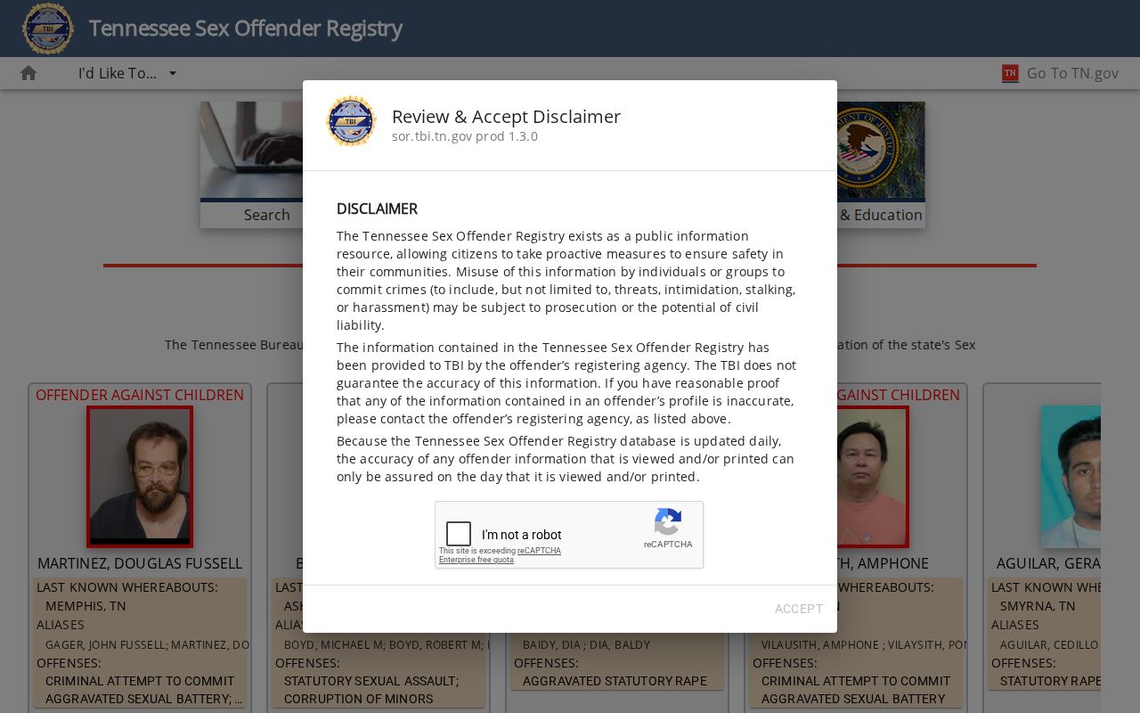 Williamson County sex offender registry search screen from TBI